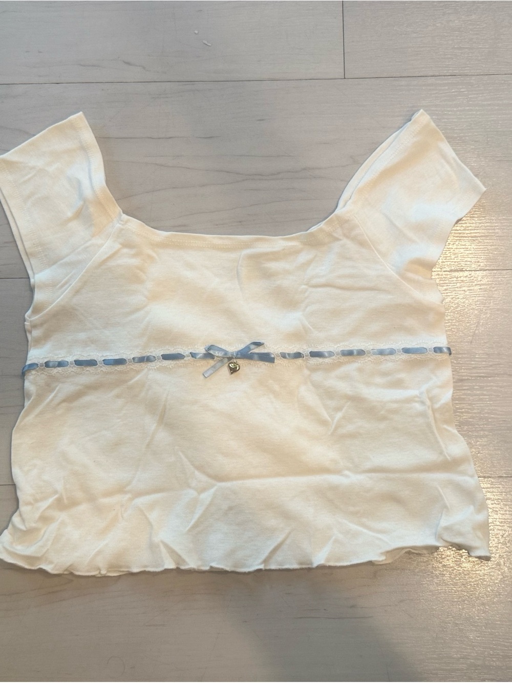 White Short Sleeve Crop Top with Blue Ribbon Detail